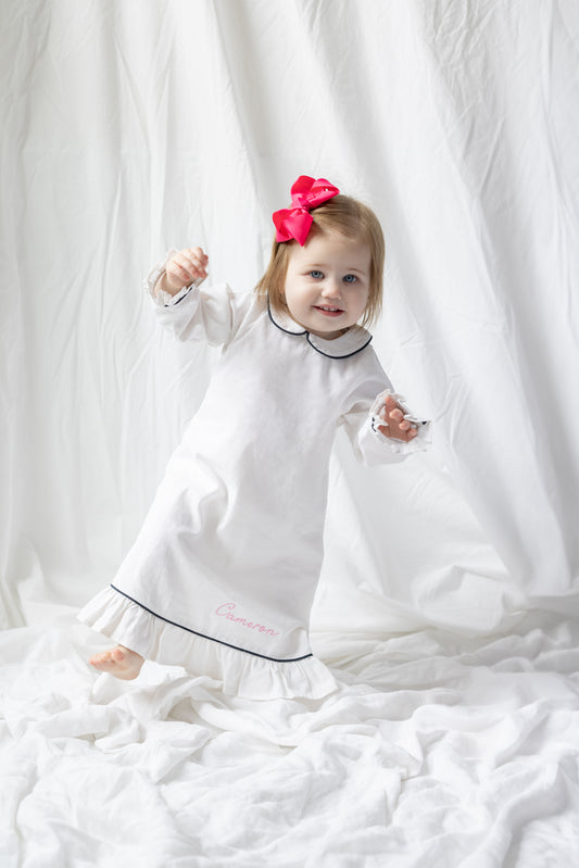 White Sophia Nightgown with Navy Piping